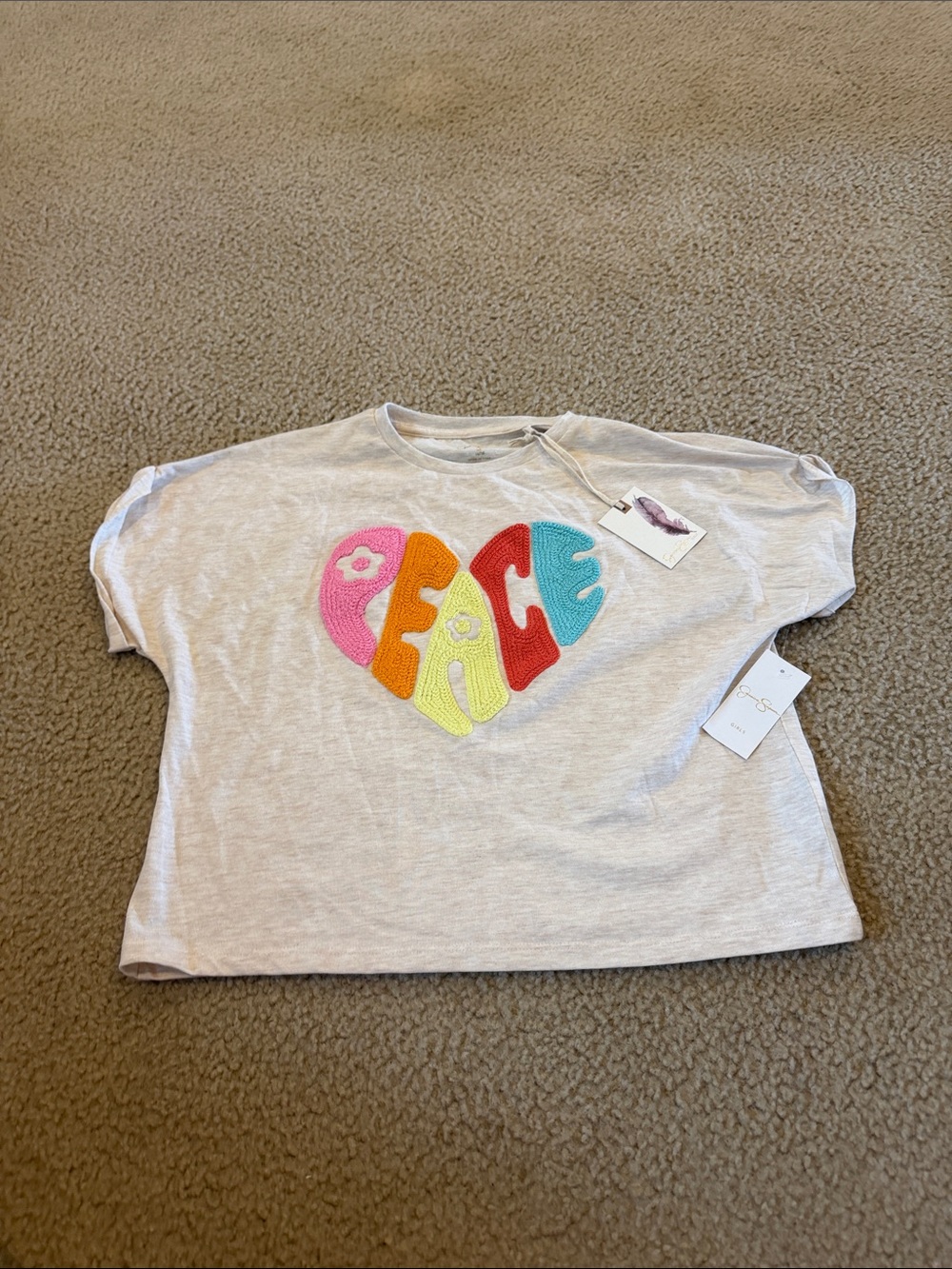 Jessica Simpson Kids Short Sleeve Tee with Multicolor 'Peace' Heart